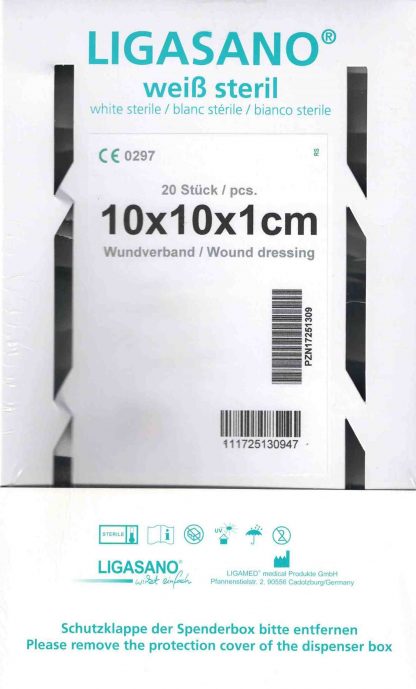 LIGASANO weiß Verband 1x10x10cm Spenderbox steril 20 Stück PZN 17251309