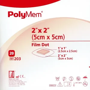 PolyMem Wund-Pad Folienrand 5x5cm (2,5x2,5cm) 20 Stück PZN 02919842